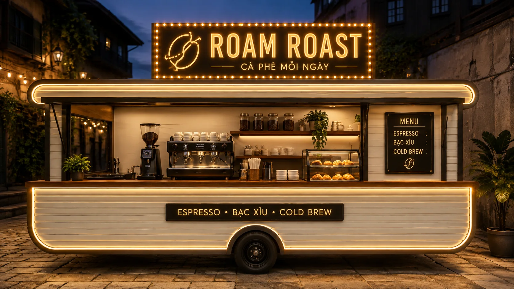 Ảnh gợi ý bố cục: Roam Roast Coffee Kiosk với quầy phục vụ nhìn chính diện, phù hợp tham khảo cấu hình xe bán hàng di động.