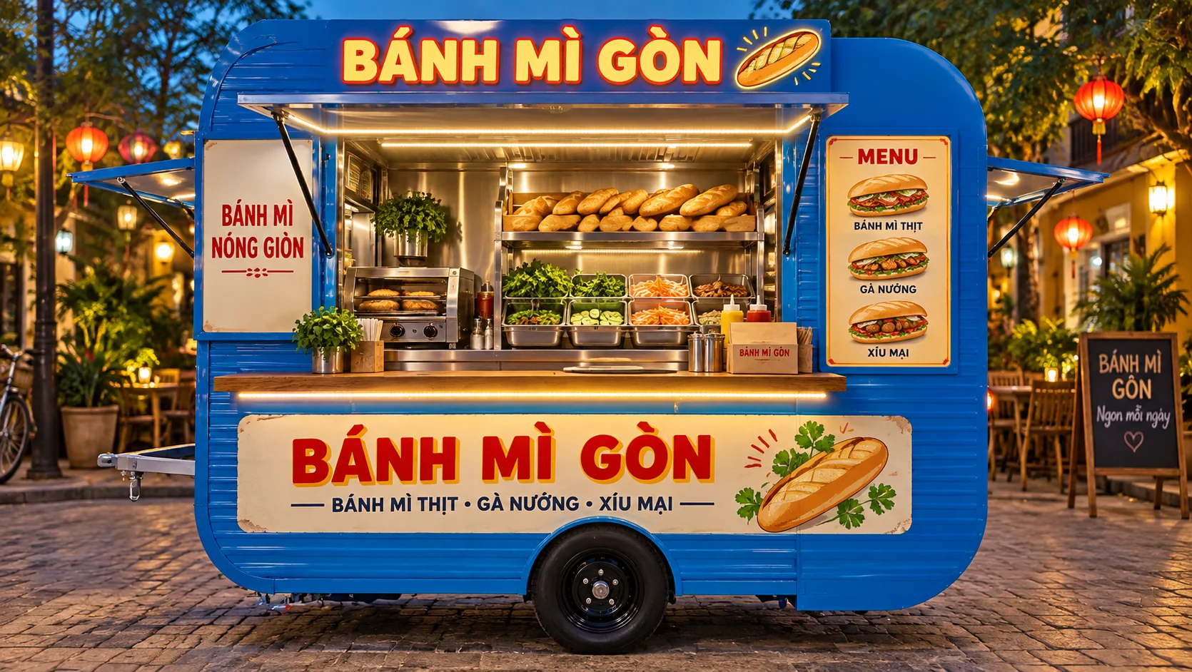 Ảnh gợi ý bố cục: Banh Mi Gon Cart với quầy phục vụ nhìn chính diện, phù hợp tham khảo cấu hình xe bán hàng di động.