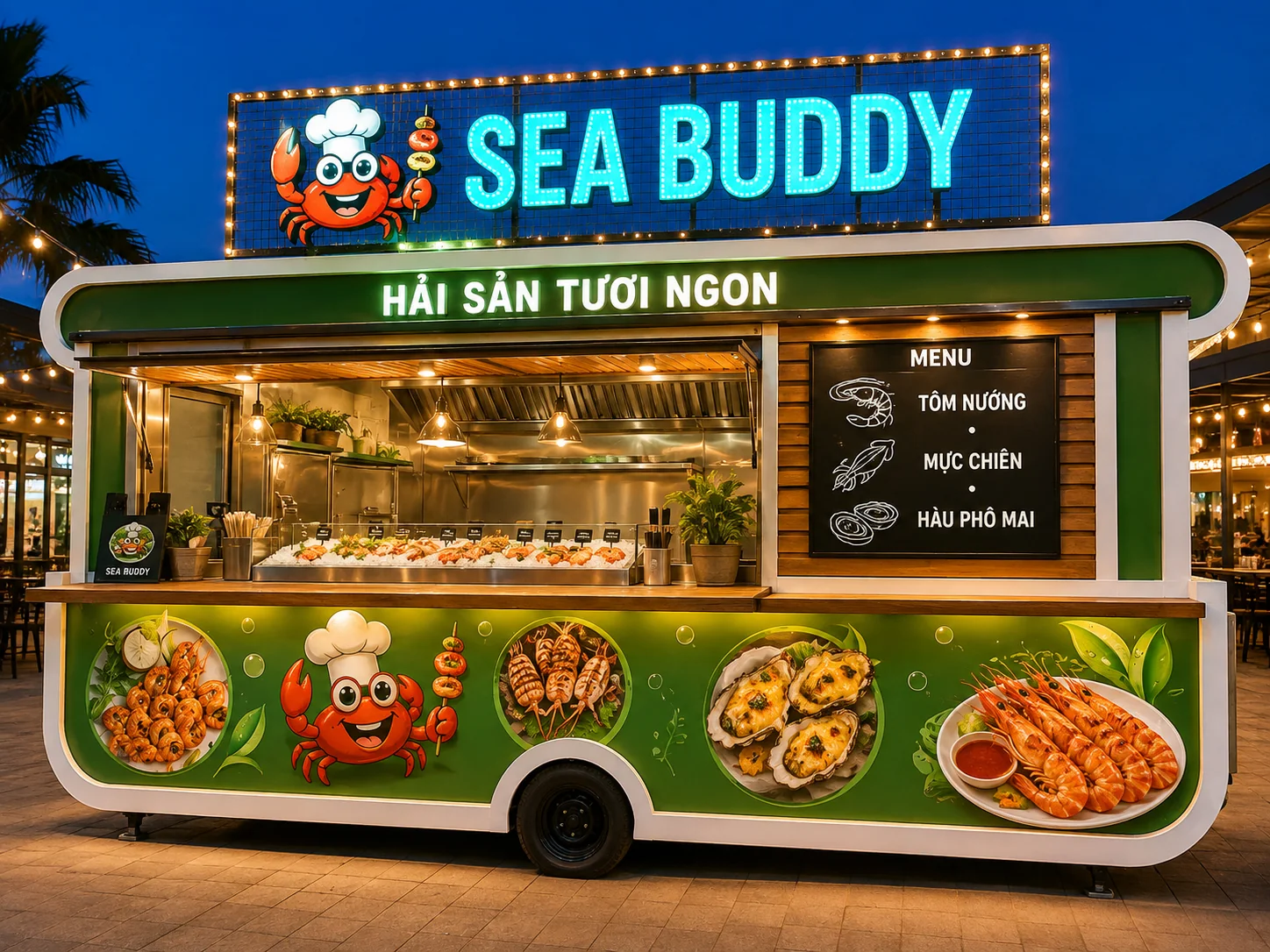 Ảnh gợi ý bố cục: Sea Buddy Food Kiosk với quầy phục vụ nhìn chính diện, phù hợp tham khảo cấu hình xe bán hàng di động.