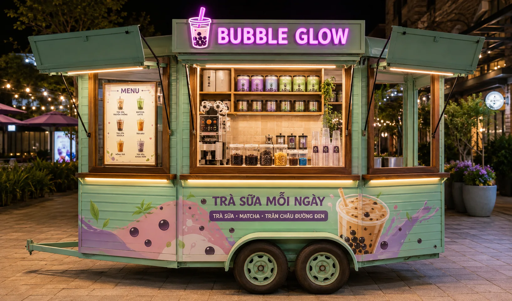 Mẫu sản phẩm tham khảo: Bubble Glow Milk Tea Cart với quầy phục vụ nhìn chính diện, phù hợp tham khảo cấu hình xe bán hàng di động.