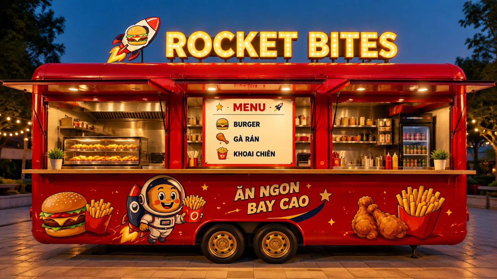 Mẫu sản phẩm tham khảo: Rocket Bites Food Kiosk với quầy phục vụ nhìn chính diện, phù hợp tham khảo cấu hình xe bán hàng di động.