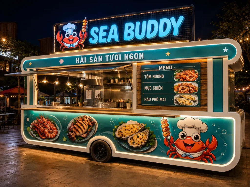 Ảnh gợi ý bố cục: Sea Buddy Food Kiosk với góc đối diện cho thấy cấu hình tổng thể, phù hợp tham khảo cấu hình xe bán hàng di động.