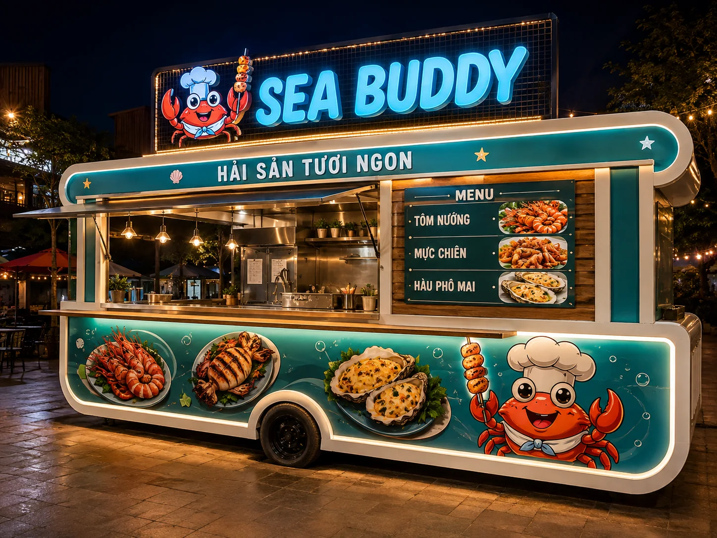 Ảnh gợi ý bố cục: Sea Buddy Food Kiosk với góc đối diện cho thấy cấu hình tổng thể, phù hợp tham khảo cấu hình xe bán hàng di động.