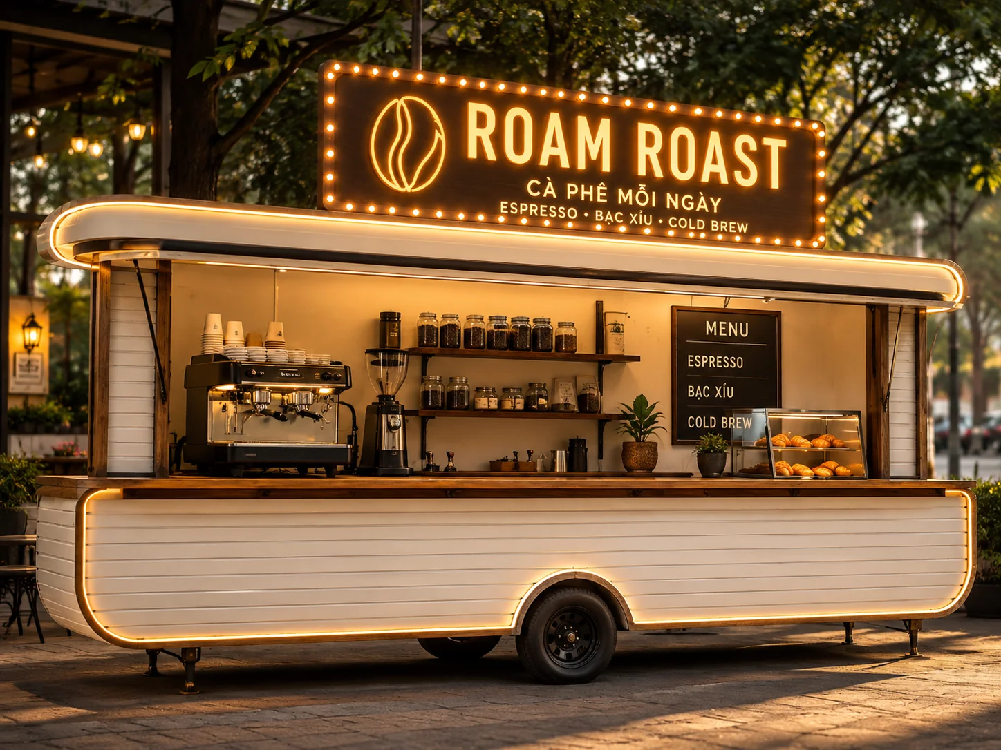 Ảnh gợi ý bố cục: Roam Roast Coffee Kiosk với góc chéo cho thấy mặt quầy và thân xe, phù hợp tham khảo cấu hình xe bán hàng di động.