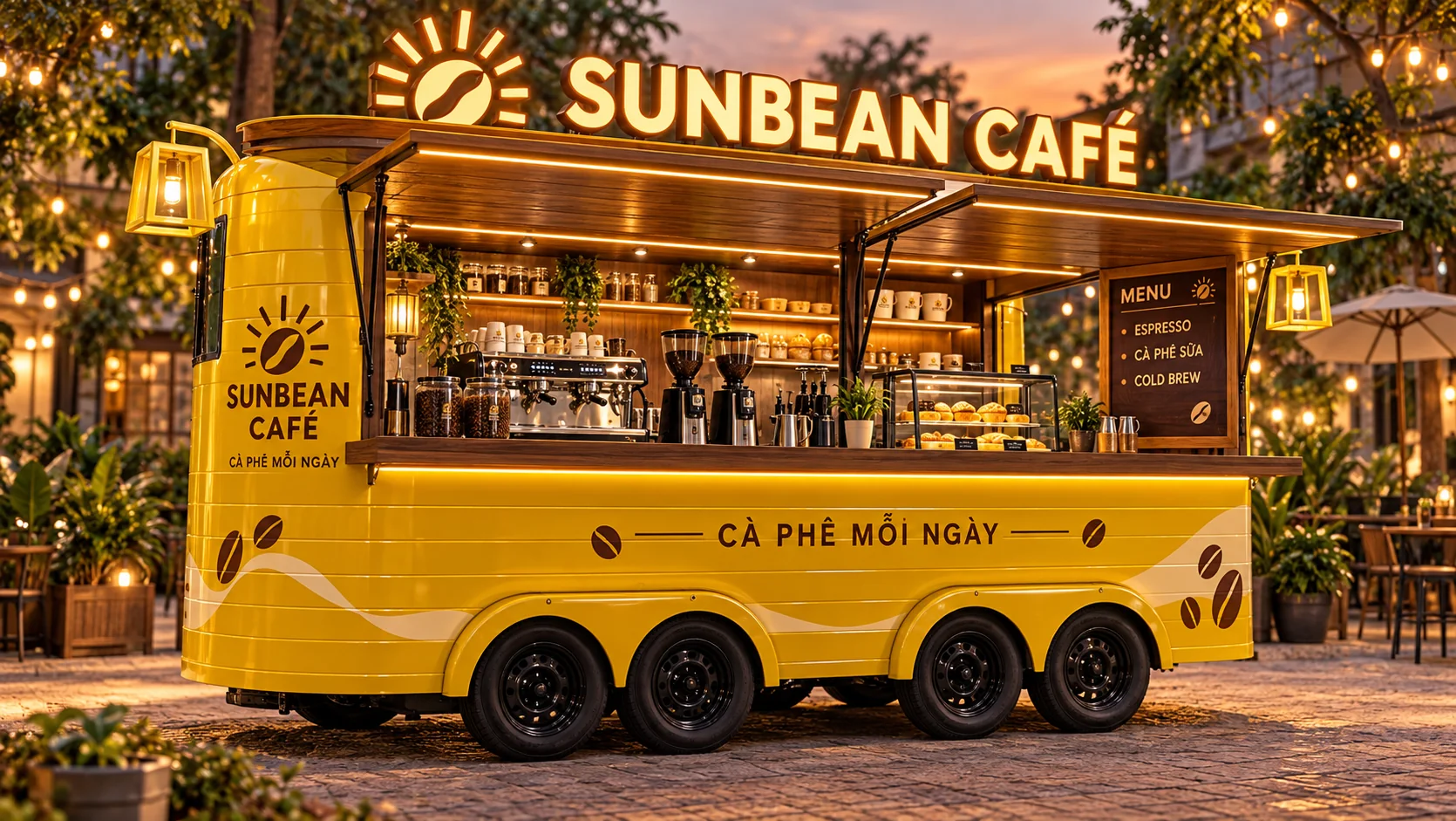 Ảnh gợi ý bố cục: Sunbean Cafe Kiosk với góc chéo cho thấy mặt quầy và thân xe, phù hợp tham khảo cấu hình xe bán hàng di động.