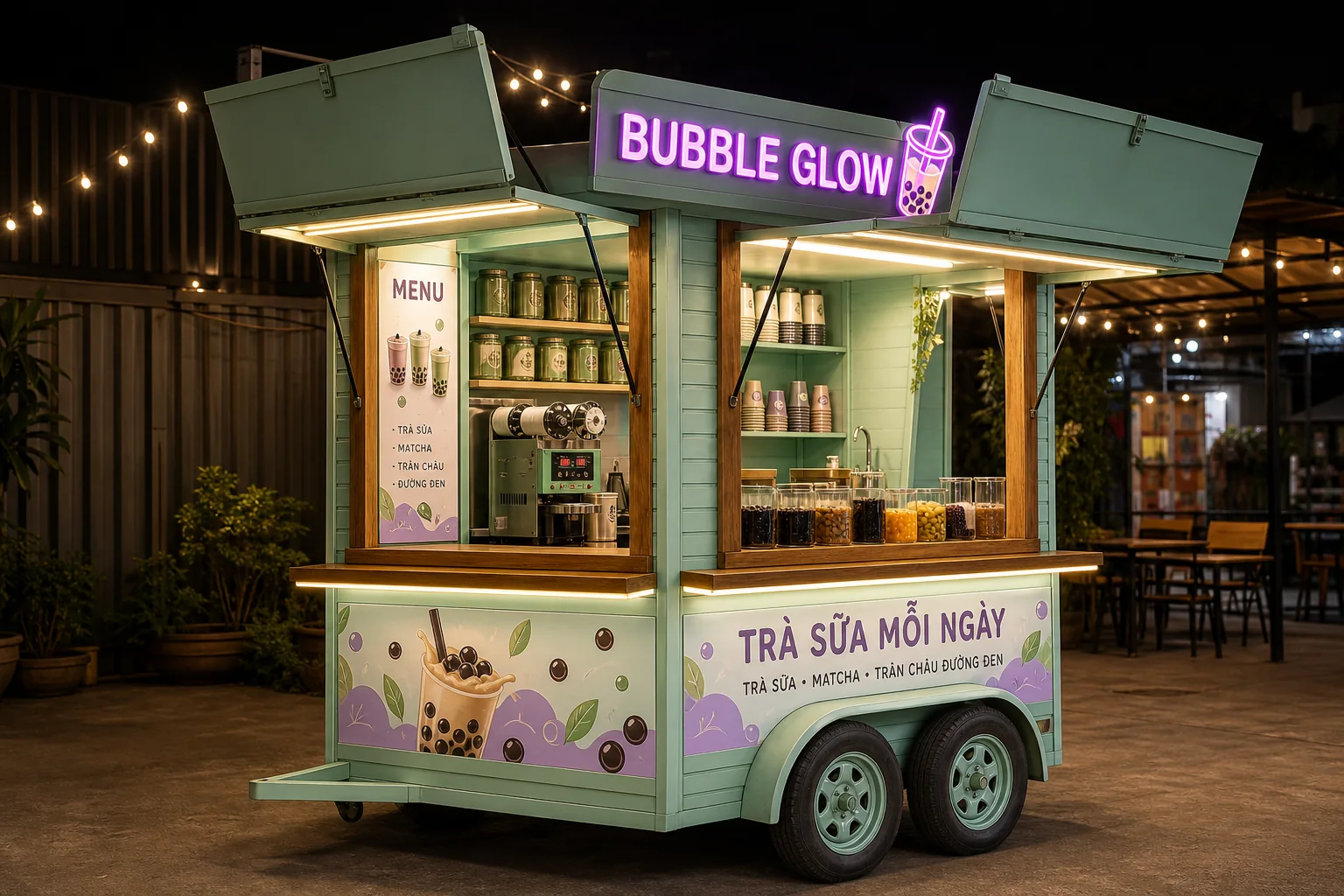 Ảnh gợi ý bố cục: Bubble Glow Milk Tea Cart với góc sau thể hiện khoang thao tác, phù hợp tham khảo cấu hình xe bán hàng di động.