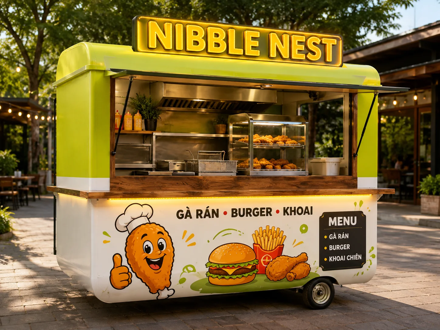 Ảnh gợi ý bố cục: Nibble Nest Food Cart với góc đối diện cho thấy cấu hình tổng thể, phù hợp tham khảo cấu hình xe bán hàng di động.