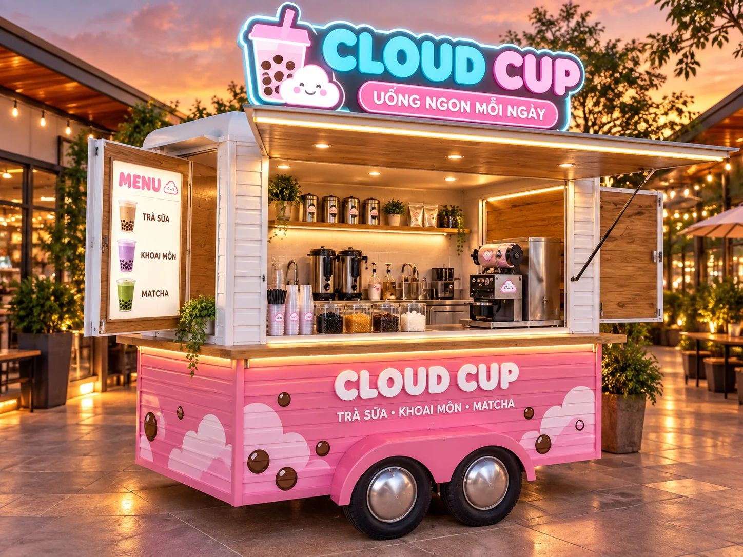 Mẫu sản phẩm tham khảo: Cloud Cup Milk Tea Cart với góc sau thể hiện khoang thao tác, phù hợp tham khảo cấu hình xe bán hàng di động.