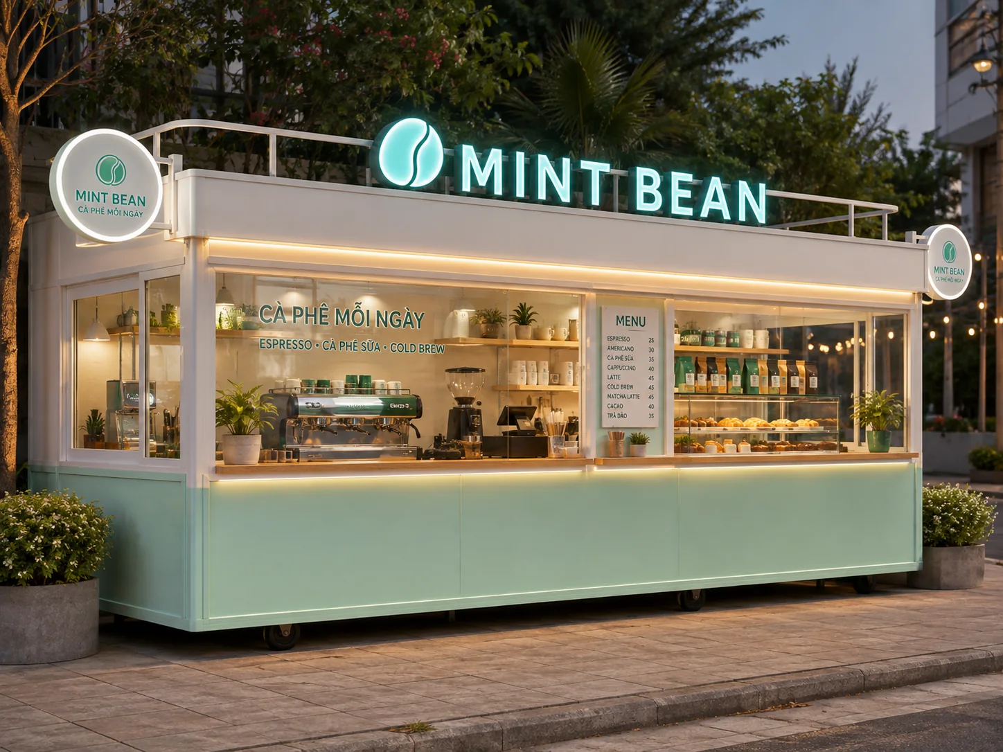 Mẫu sản phẩm tham khảo: Mint Bean Coffee Kiosk với góc chéo cho thấy mặt quầy và thân xe, phù hợp tham khảo cấu hình xe bán hàng di động.
