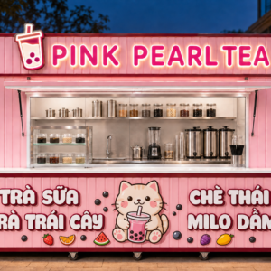 Xe bán trà sữa Mẫu 13 – phối cảnh PINK PEARL TEA góc quầy chính