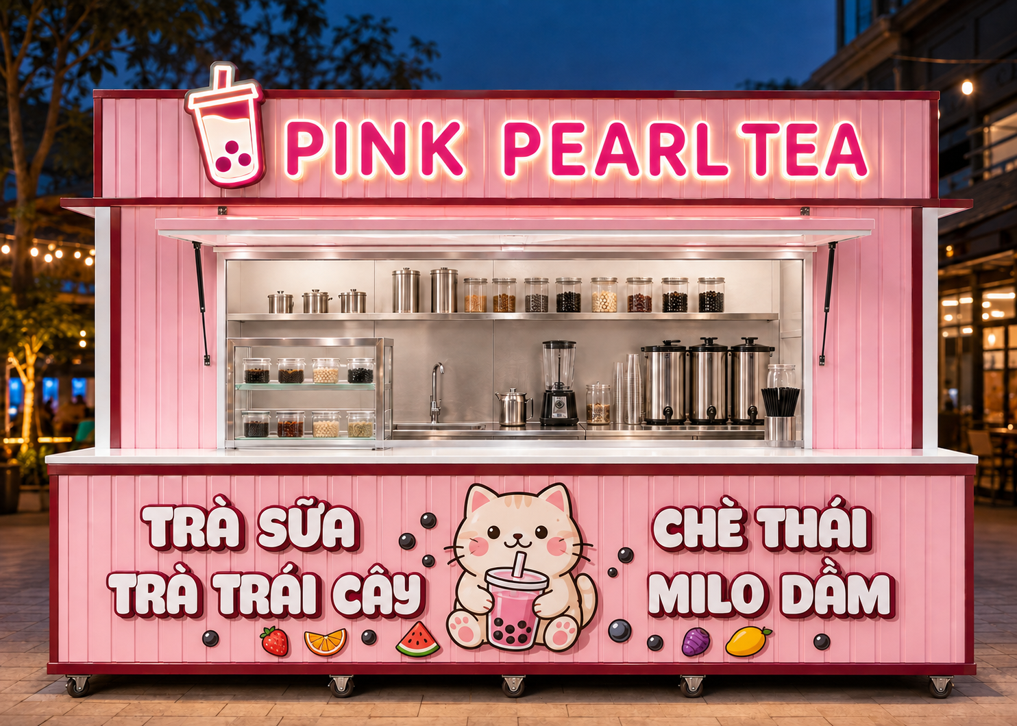 Xe bán trà sữa Mẫu 13 – phối cảnh PINK PEARL TEA góc quầy chính