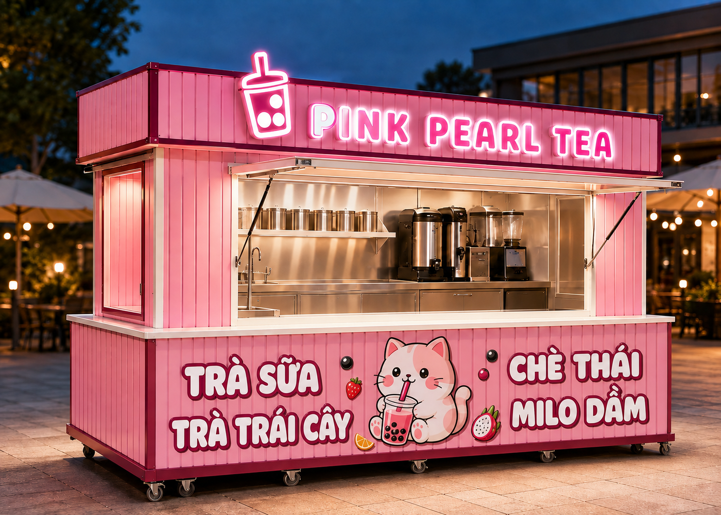 Xe bán trà sữa Mẫu 13 – phối cảnh PINK PEARL TEA góc trước trái