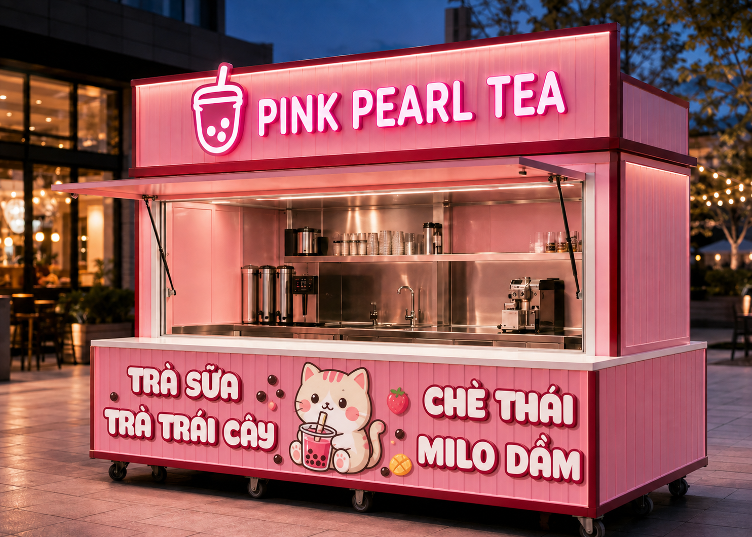 Xe bán trà sữa Mẫu 13 – phối cảnh PINK PEARL TEA góc trước phải