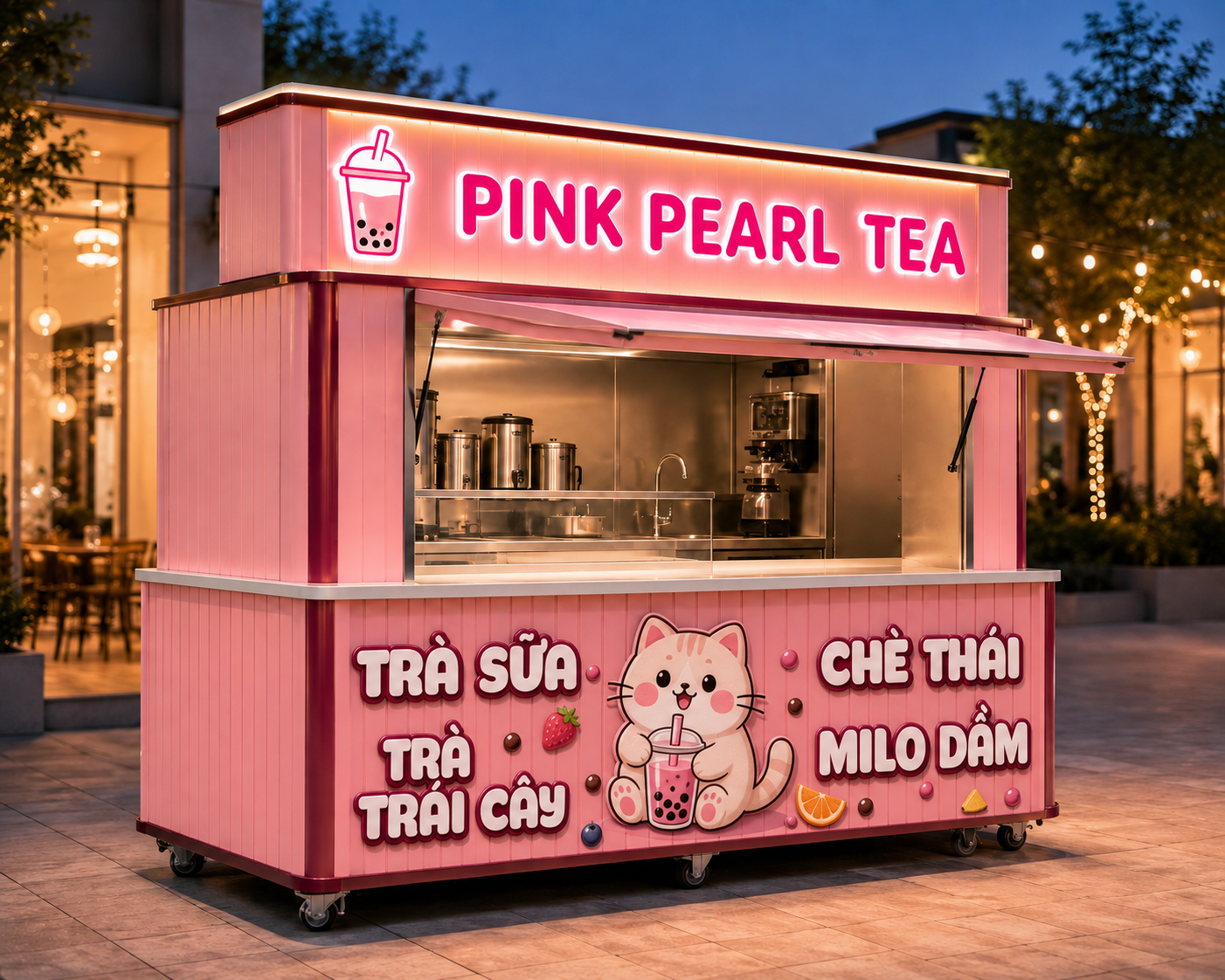 Xe bán trà sữa Mẫu 13 – phối cảnh PINK PEARL TEA góc sau phải