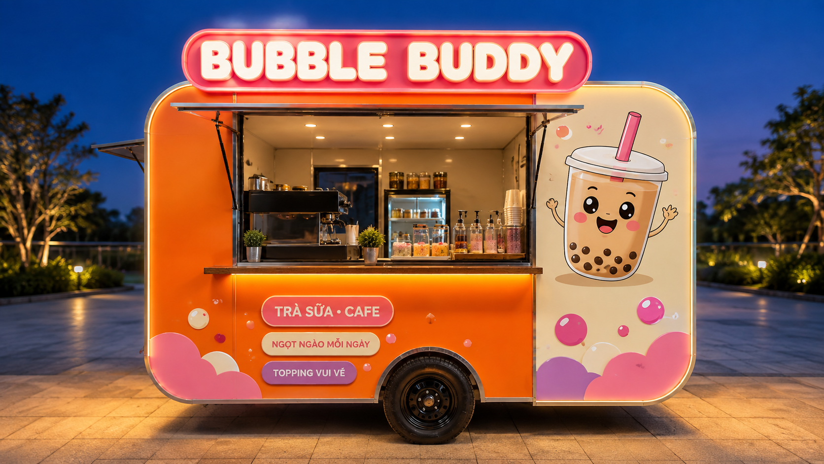 Xe bán trà sữa Mẫu 16 – phối cảnh BUBBLE BUDDY góc quầy chính
