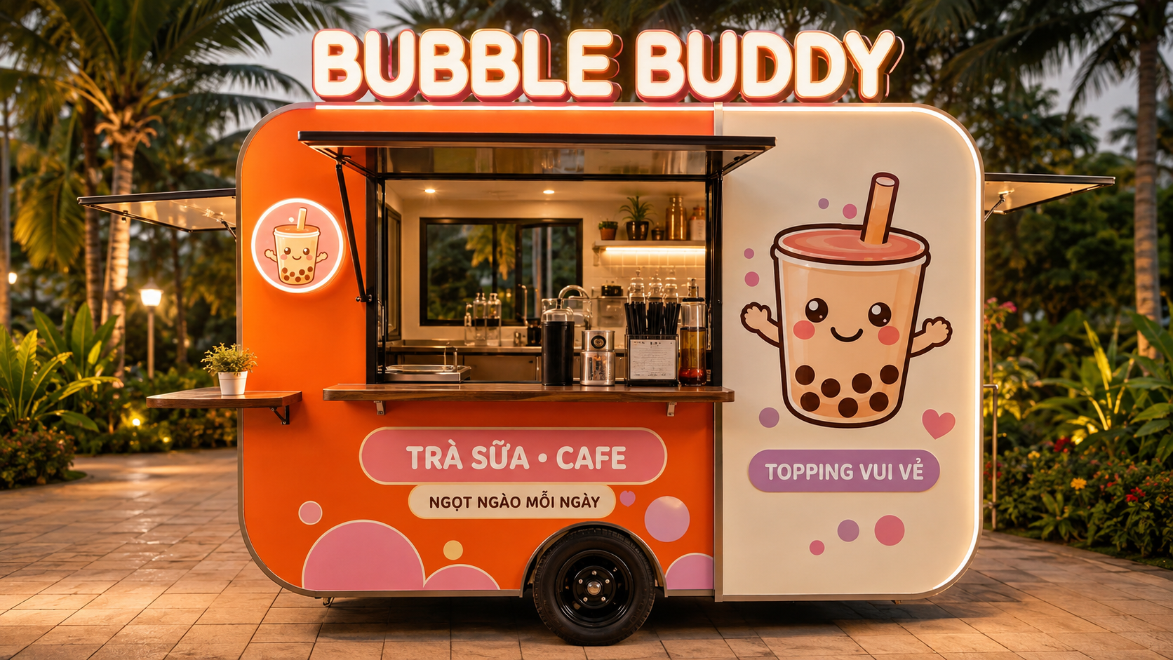 Xe bán trà sữa Mẫu 16 – phối cảnh BUBBLE BUDDY góc trước trái
