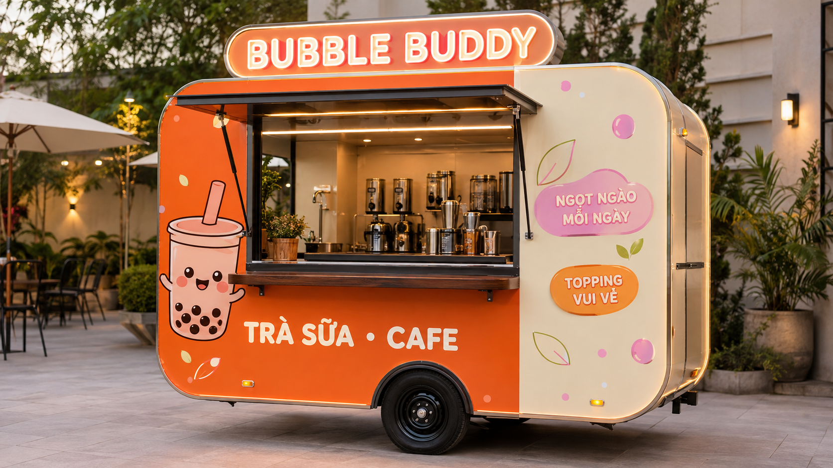 Xe bán trà sữa Mẫu 16 – phối cảnh BUBBLE BUDDY góc đối diện