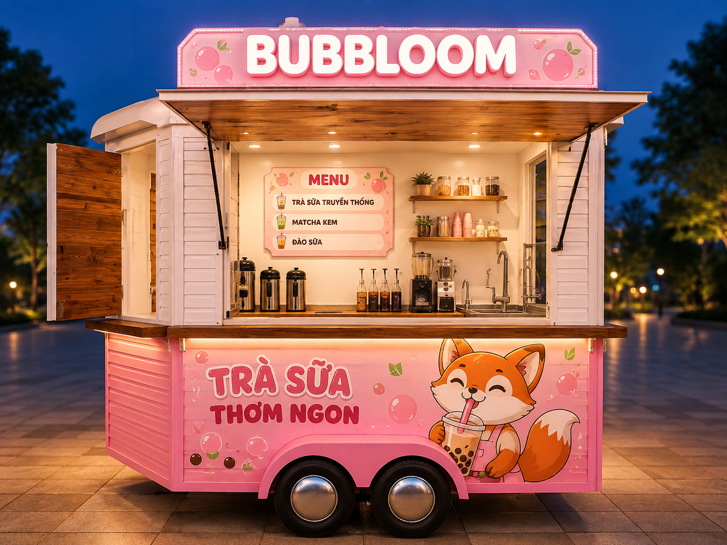 Xe bán trà sữa BUBBLOOM Mẫu 18 góc quầy chính
