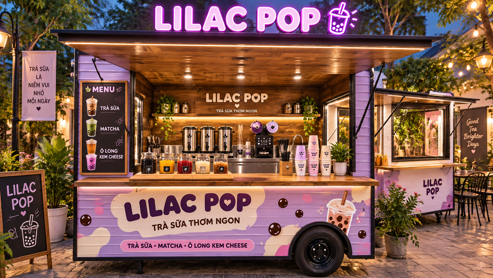 Xe bán trà sữa di động LILAC POP Mẫu 20 góc quầy chính