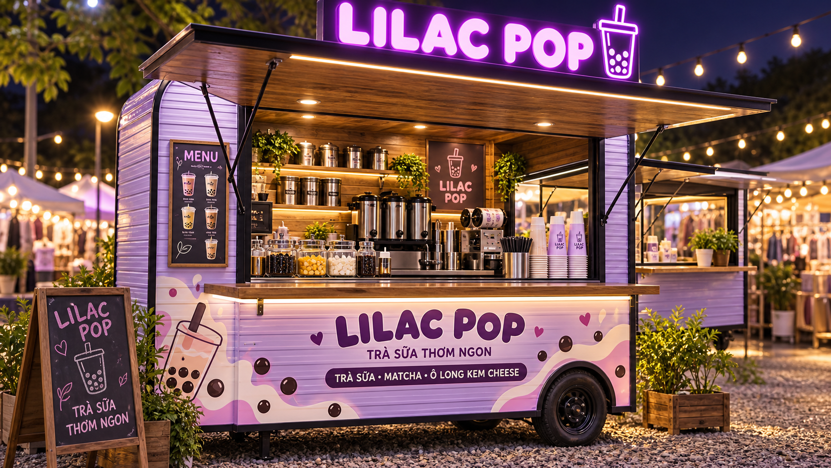 Xe bán trà sữa di động LILAC POP Mẫu 20 góc trước trái