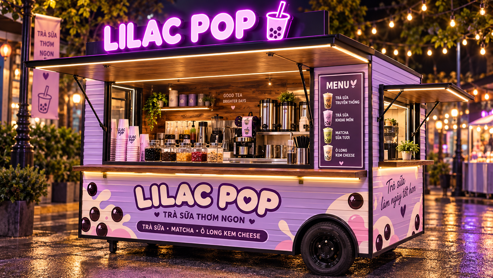 Xe bán trà sữa di động LILAC POP Mẫu 20 góc đối diện