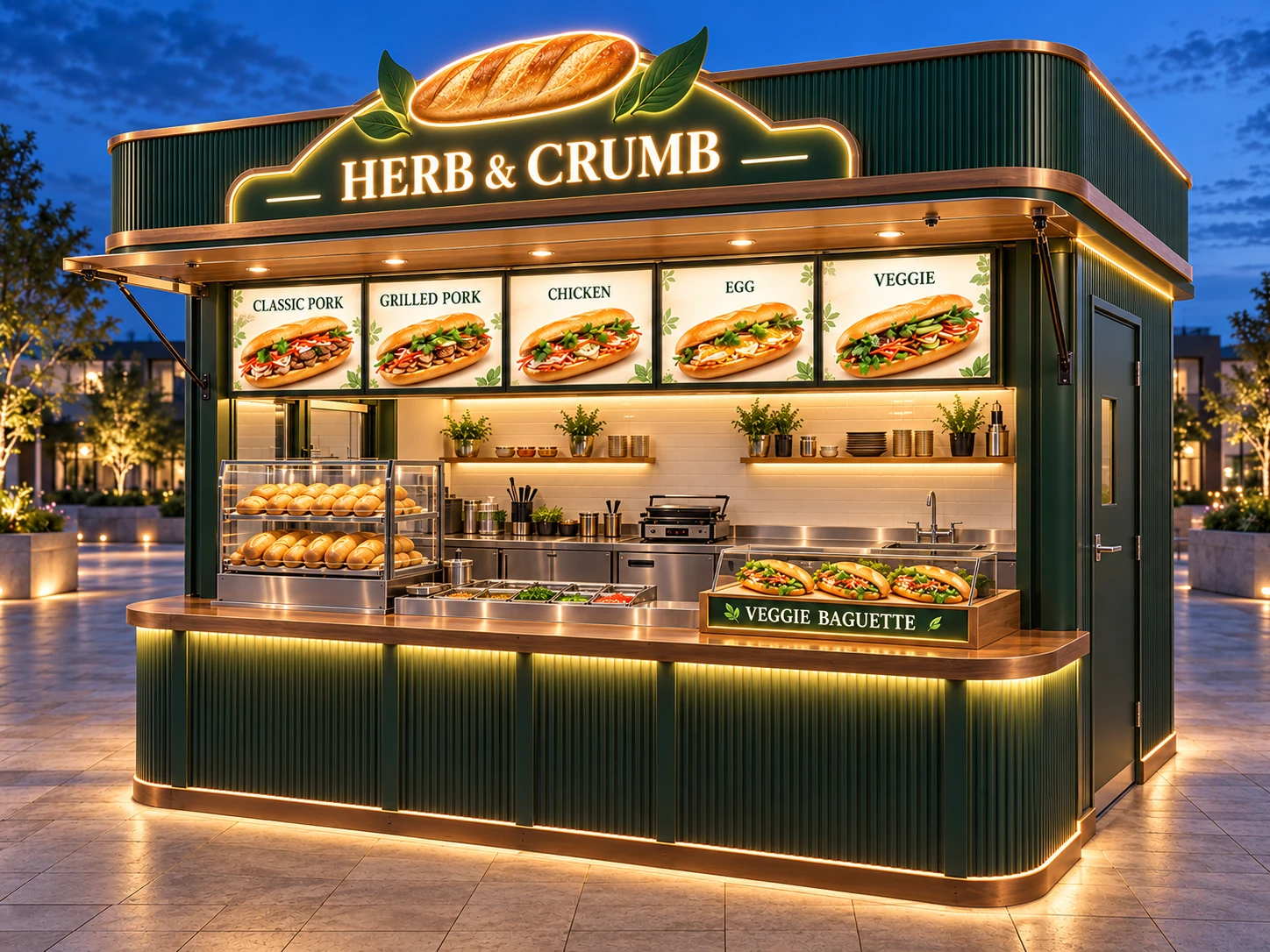 Kiot bán bánh mì Mẫu 28 HERB & CRUMB góc trước phải