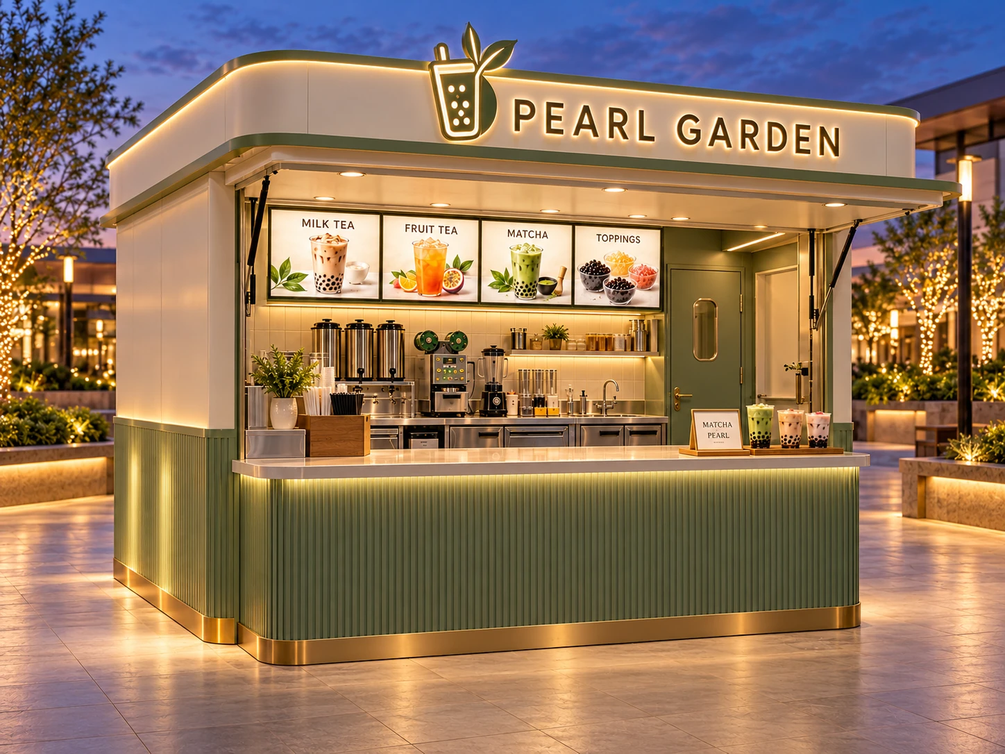Kiot bán trà sữa Mẫu 22 PEARL GARDEN góc trước trái