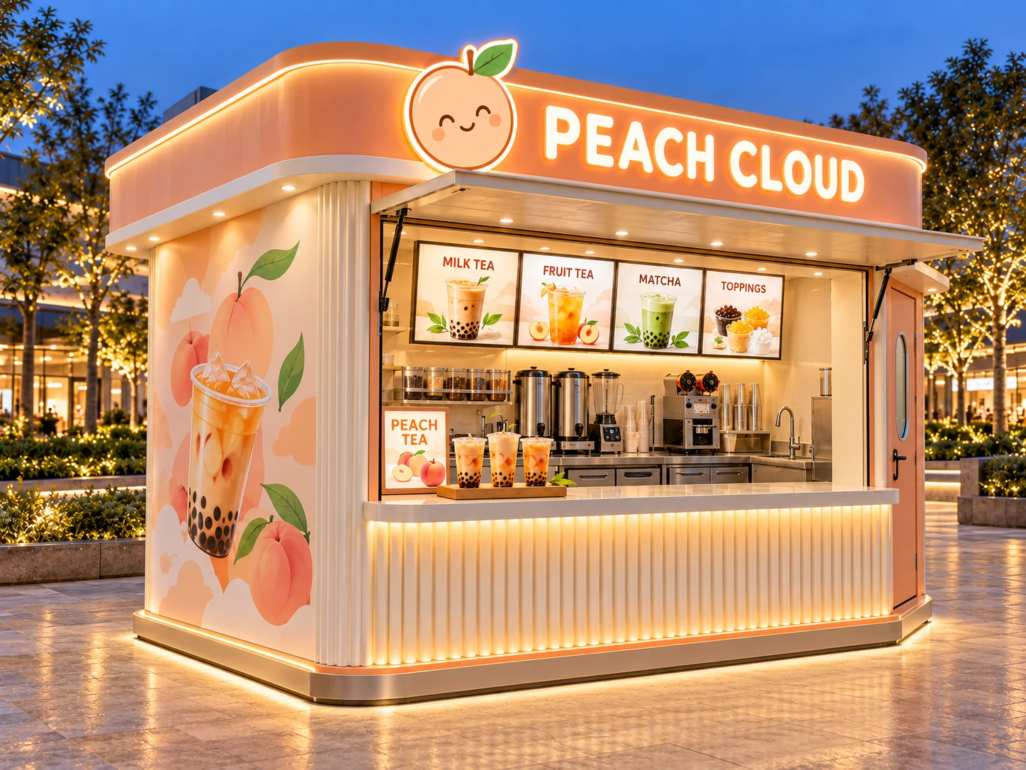 Kiot bán trà sữa Mẫu 23 PEACH CLOUD góc trước trái
