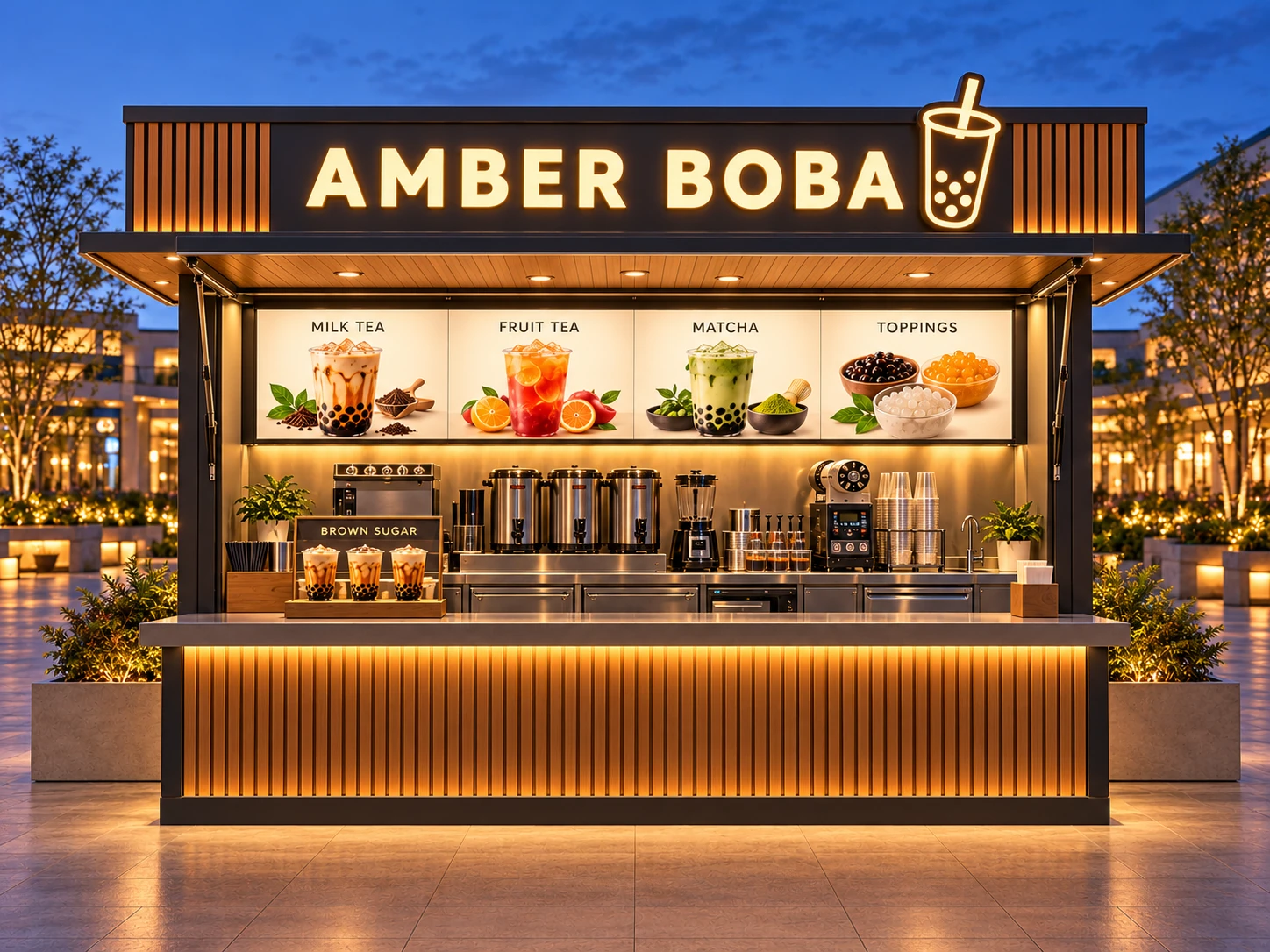 Kiot bán trà sữa Mẫu 25 AMBER BOBA góc quầy chính