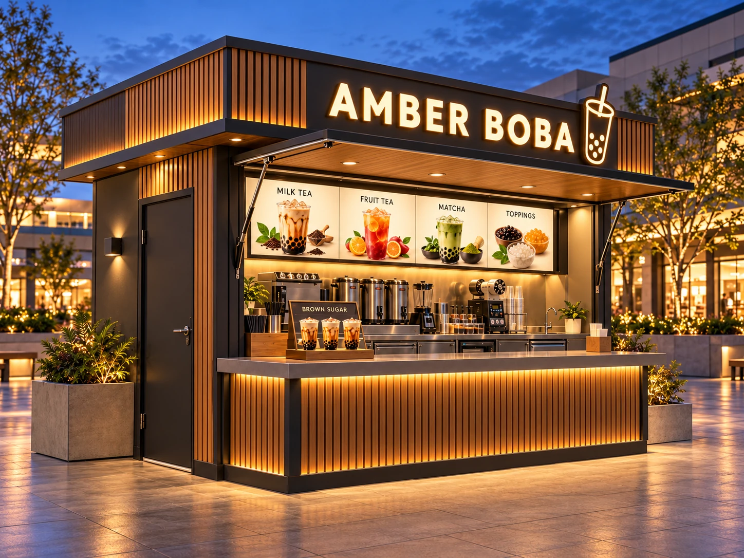 Kiot bán trà sữa Mẫu 25 AMBER BOBA góc trước trái