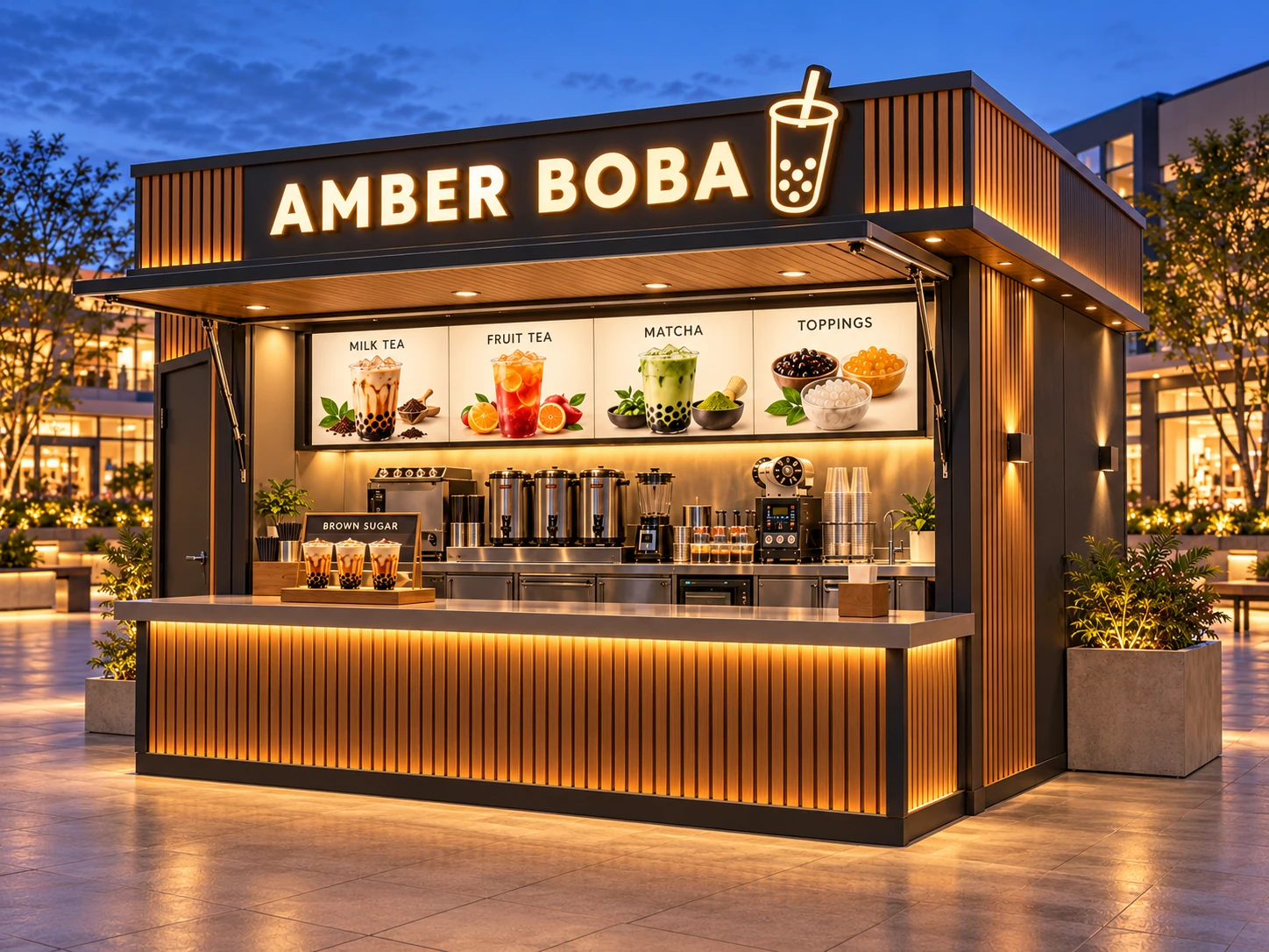 Kiot bán trà sữa Mẫu 25 AMBER BOBA góc trước phải
