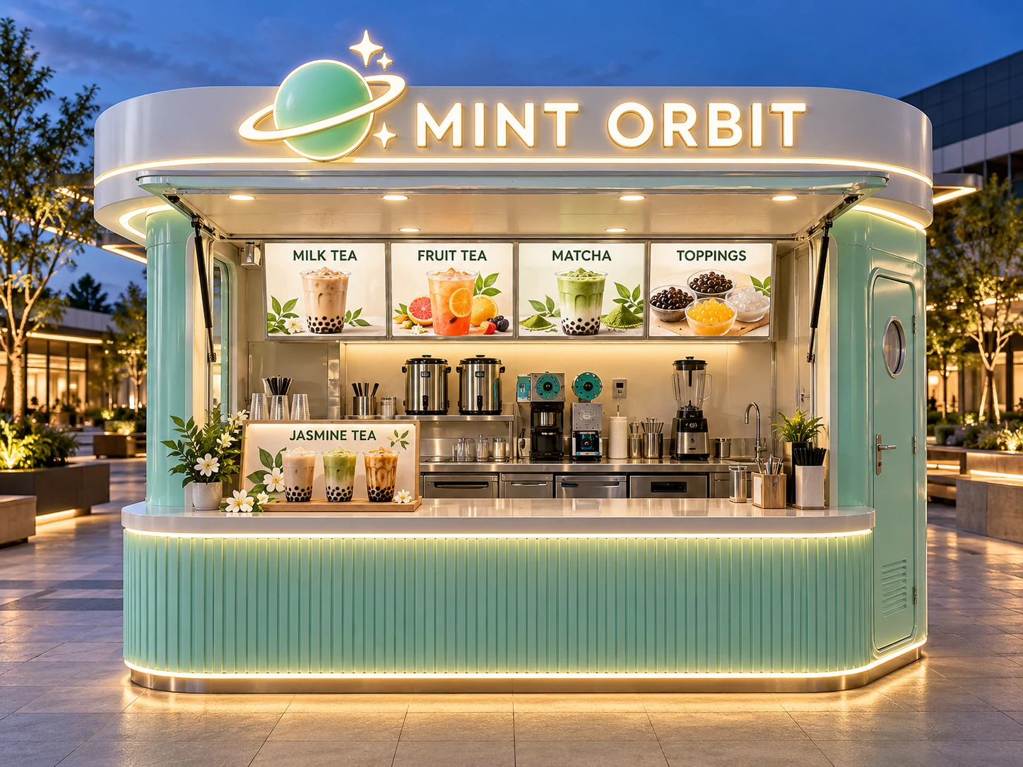Kiot bán trà sữa Mẫu 26 MINT ORBIT góc quầy chính