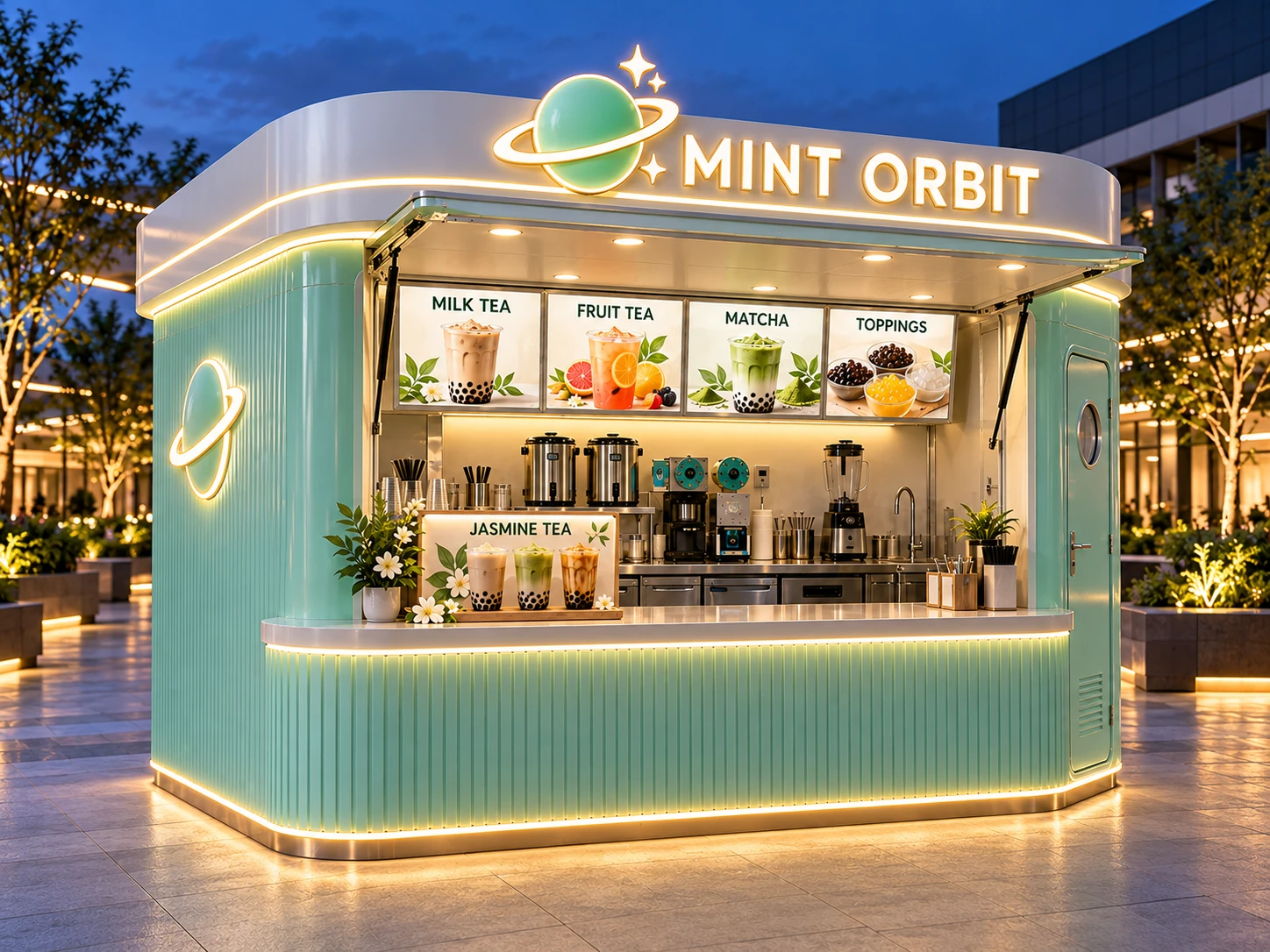 Kiot bán trà sữa Mẫu 26 MINT ORBIT góc trước trái