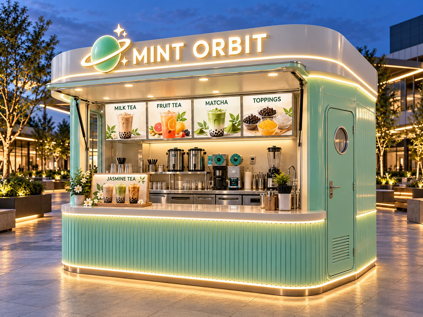 Kiot bán trà sữa Mẫu 26 MINT ORBIT góc trước phải