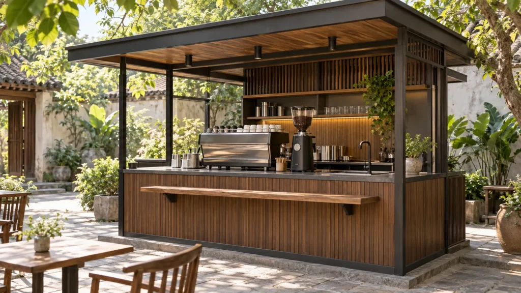 Kiot cafe với máy pha, máy xay và kệ giao ly