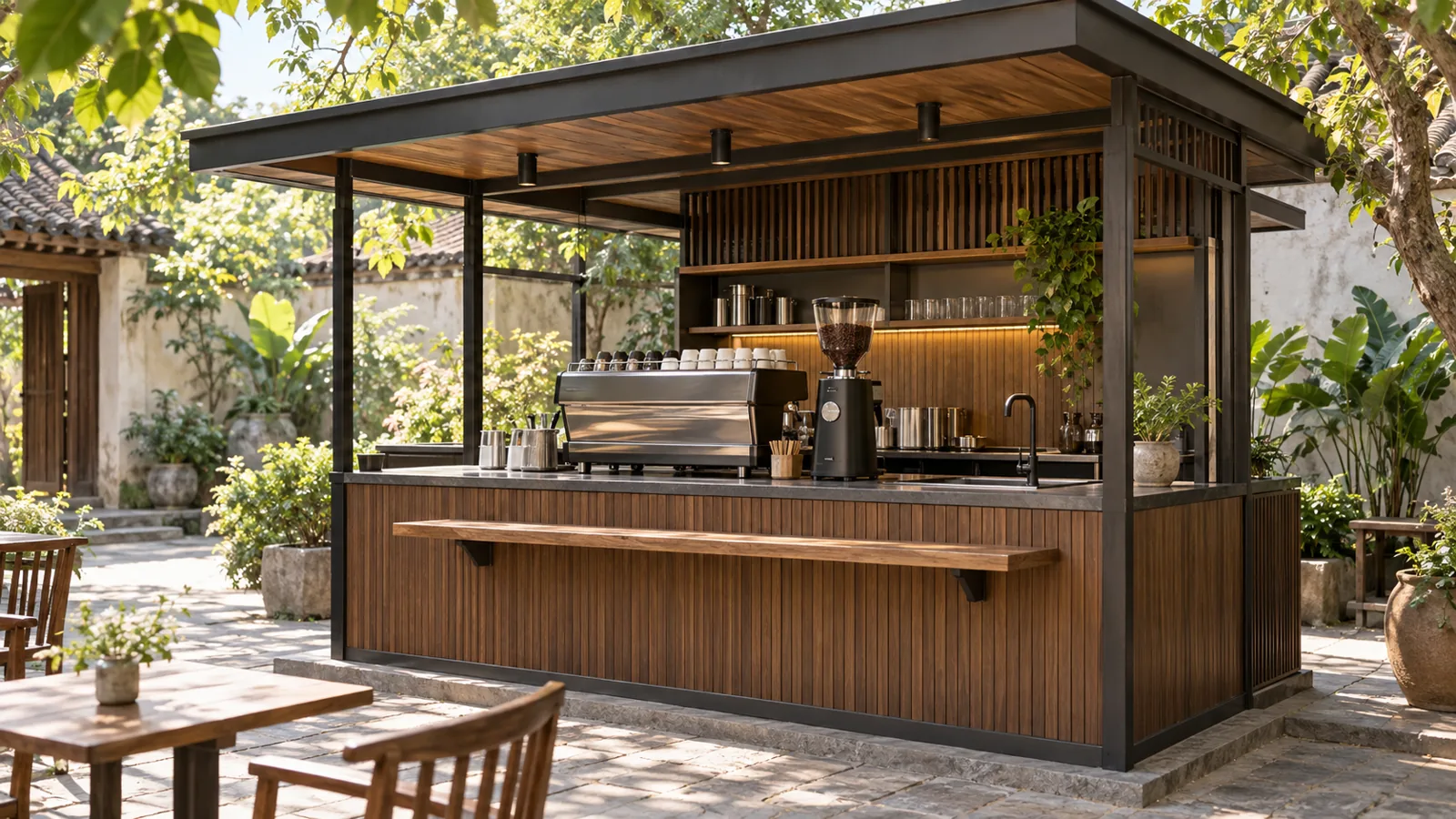 Kiot cafe với máy pha, máy xay và kệ giao ly