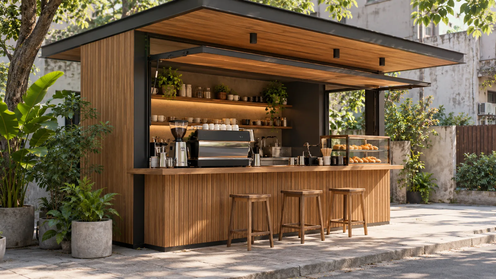 Mẫu kiot cafe pha máy ốp gỗ