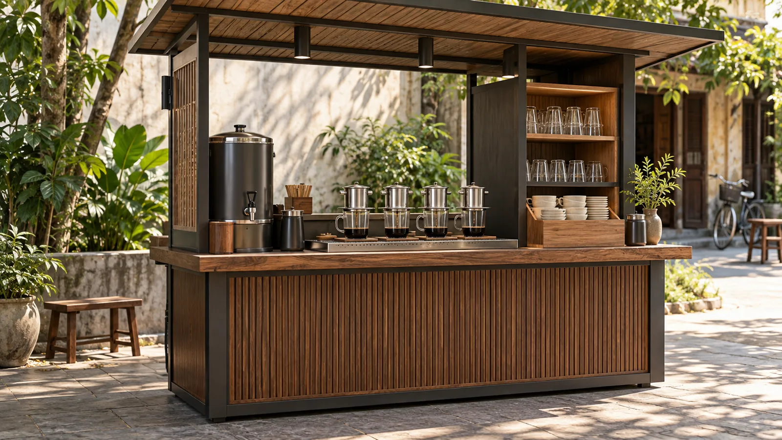 Mẫu kiot cafe pha phin với kho chứa ly