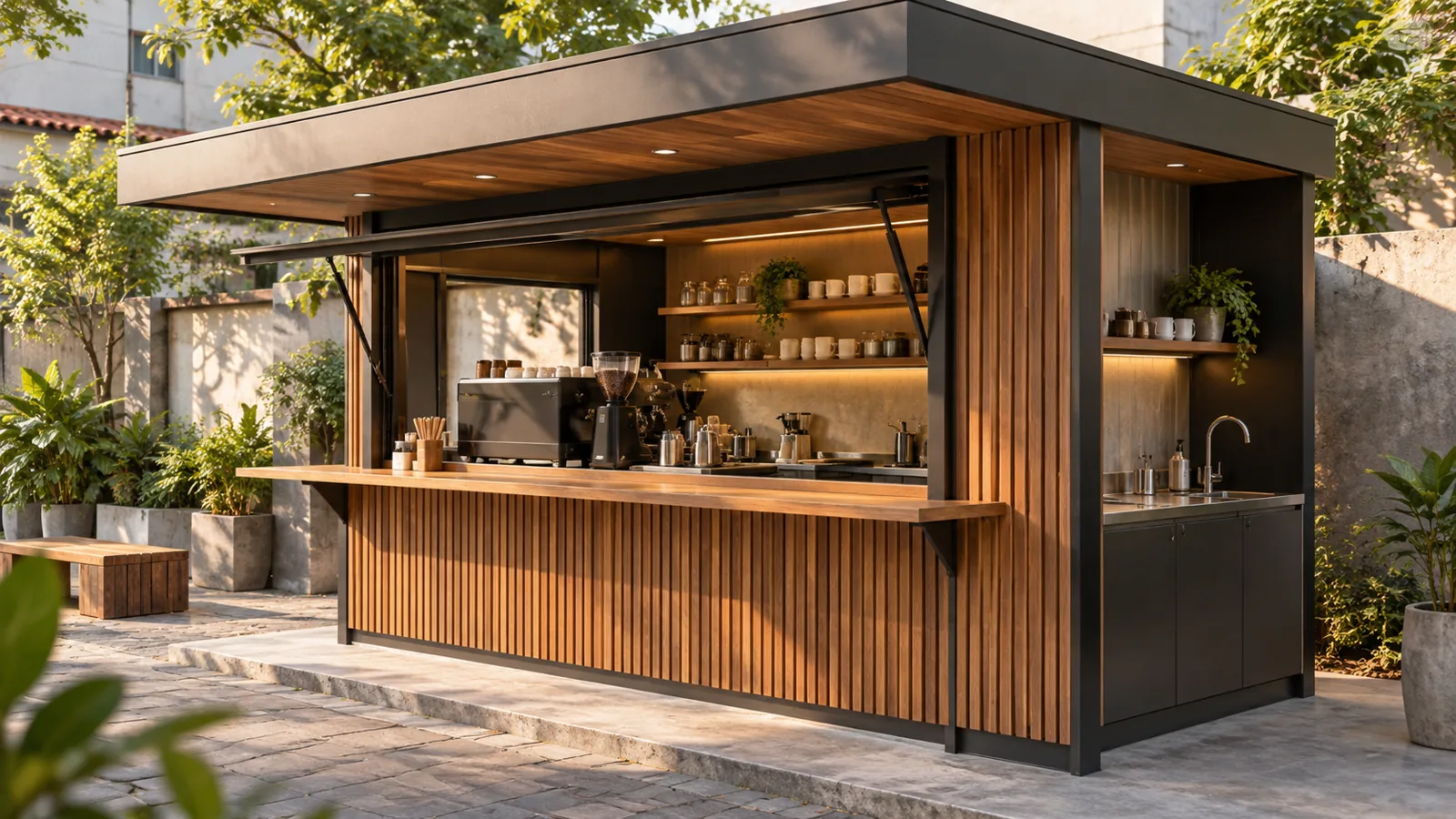 Mẫu kiot cafe có bồn rửa bên hông