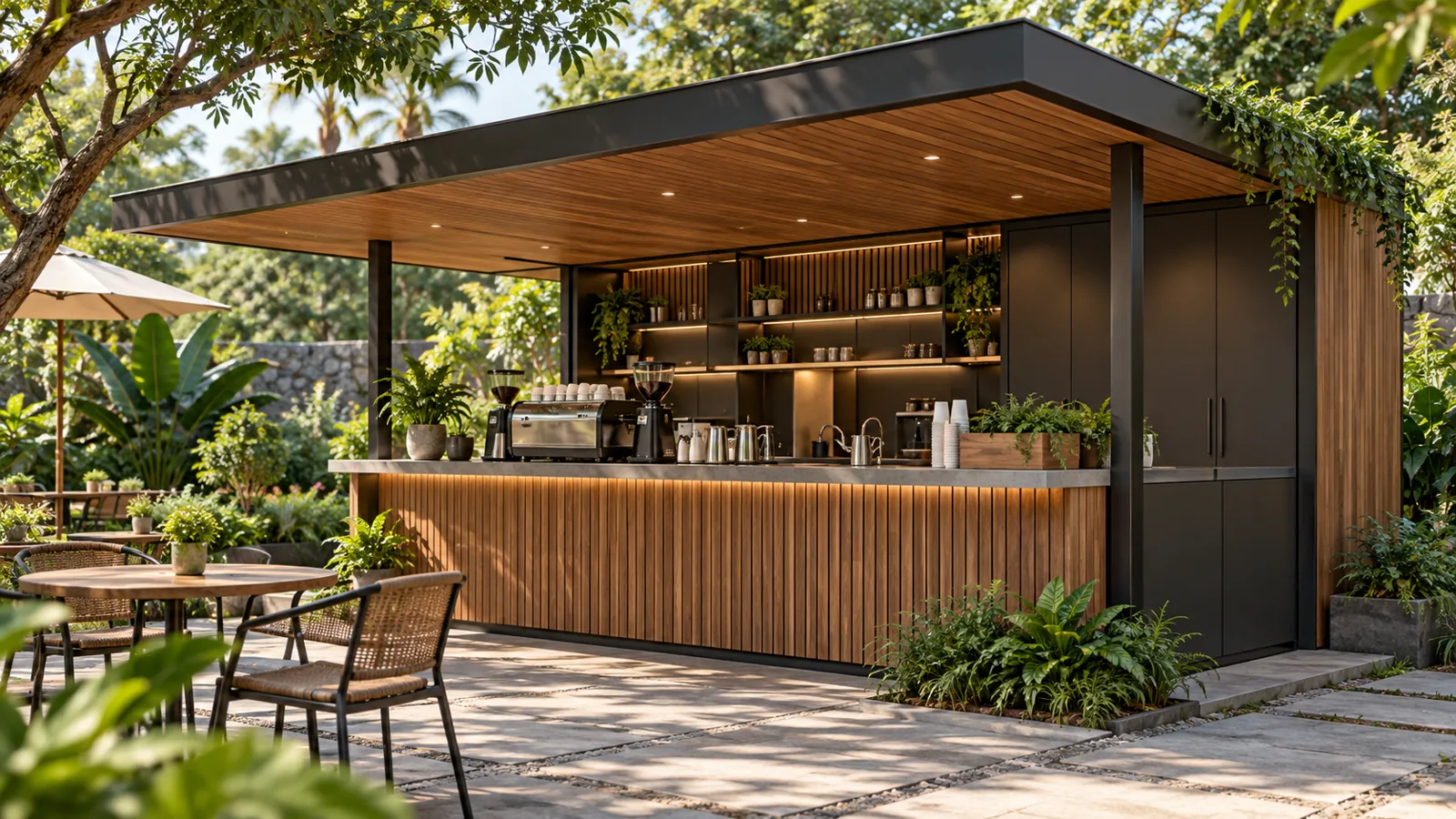 Mẫu kiot cafe sân vườn có mái rộng