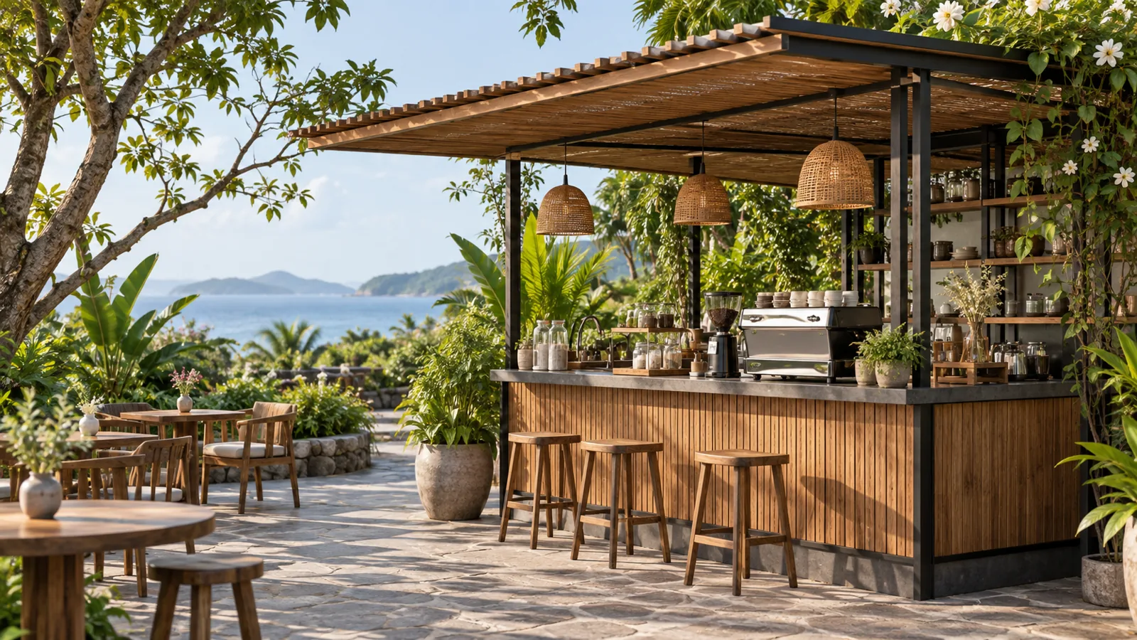 Kiot cafe ngoài trời dưới mái che sân vườn