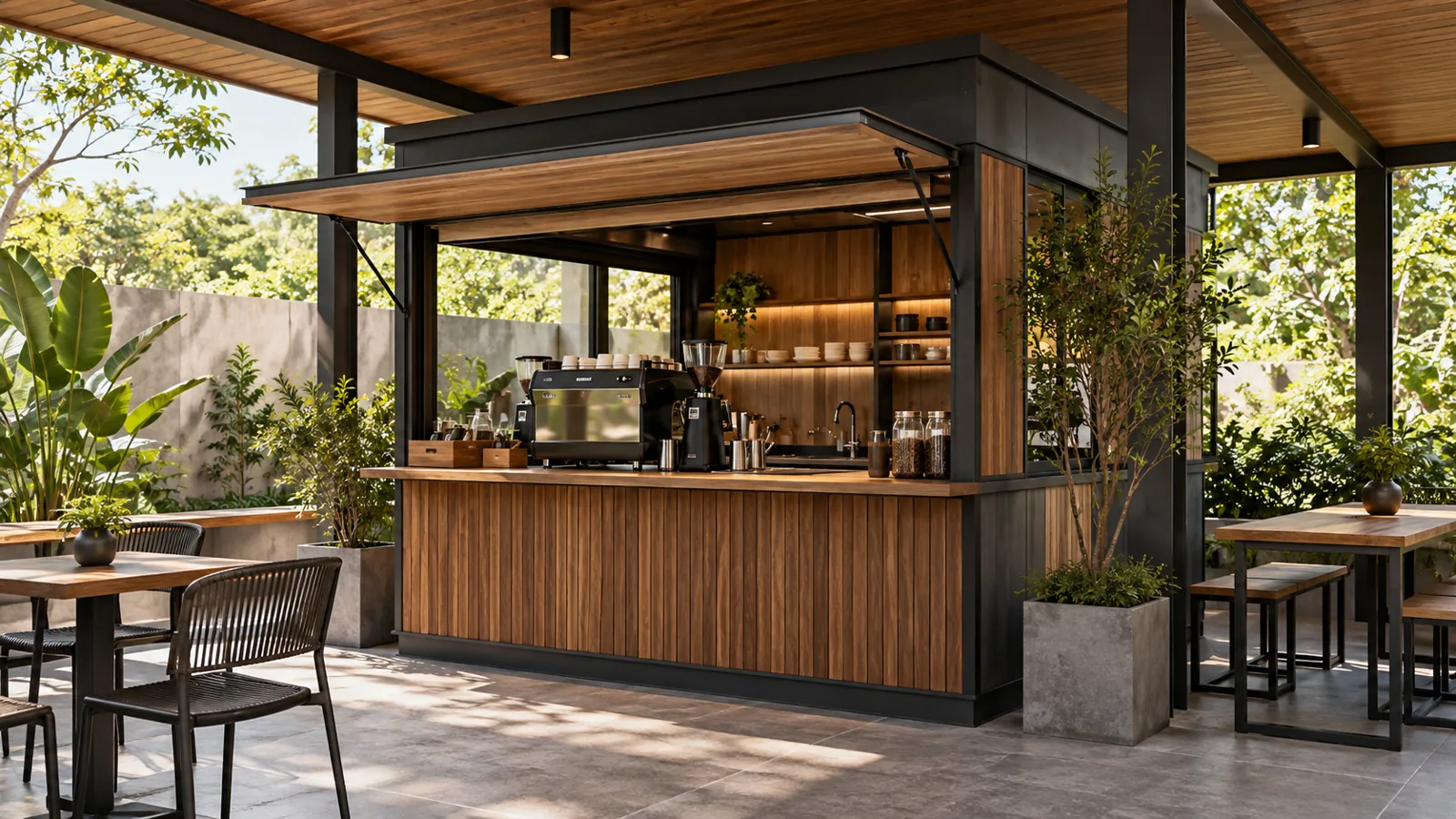 Kiot cafe đặt trong hiên có mái