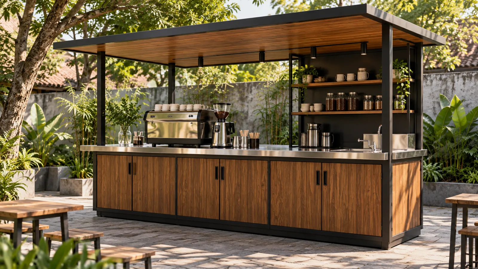 Mẫu kiot cafe mặt inox có kho kín