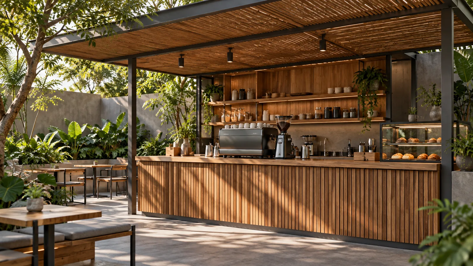Mẫu kiot cafe ốp gỗ dưới mái che