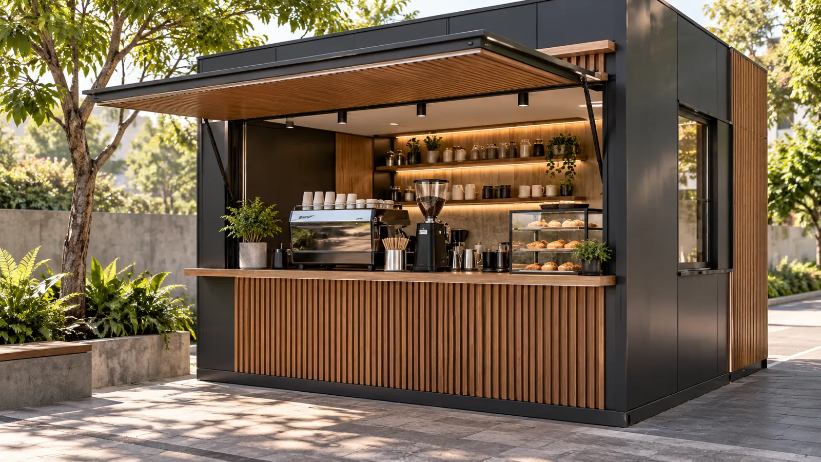 Mẫu kiot cafe ốp composite có cửa phục vụ