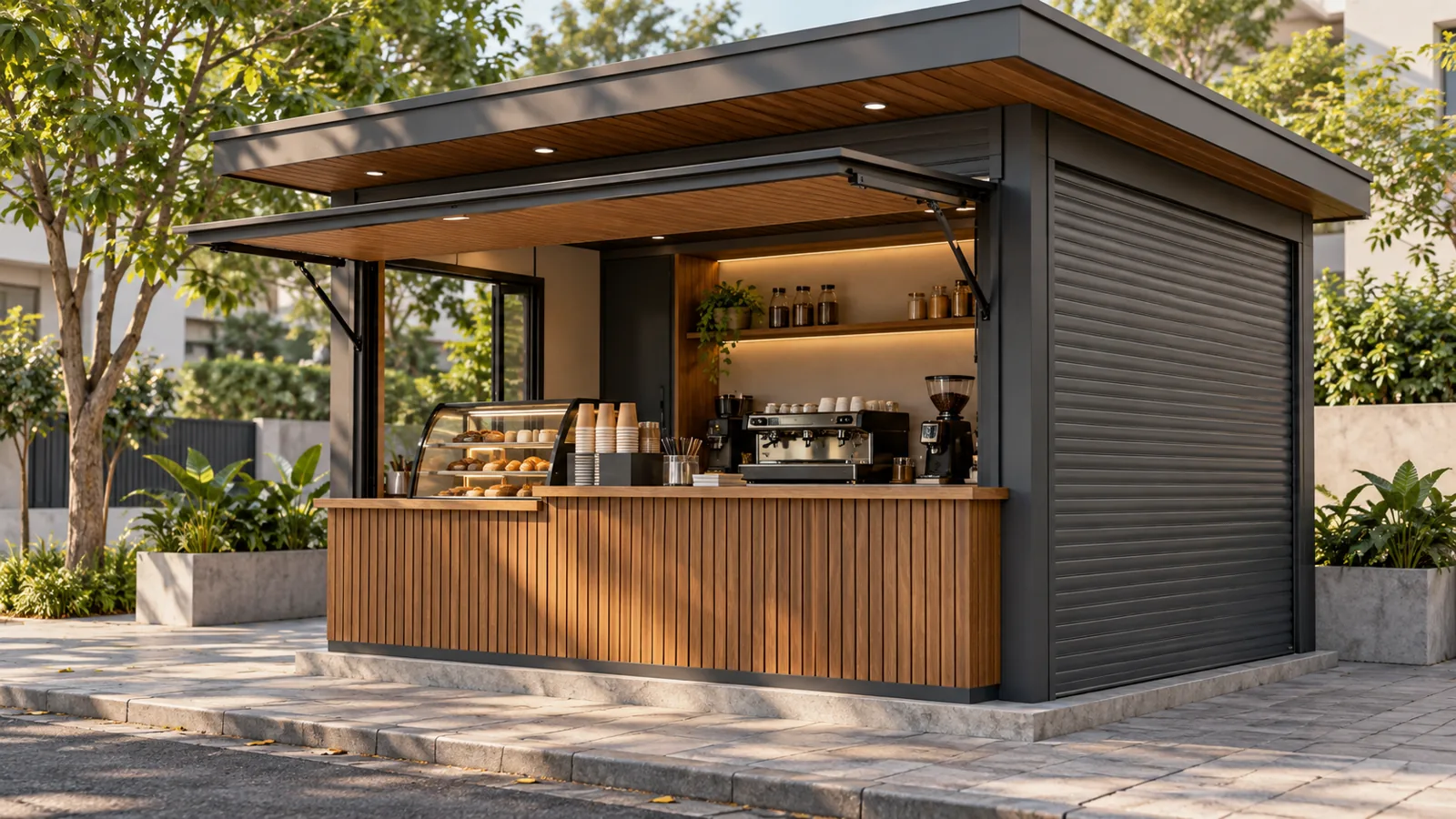 Mẫu quầy cafe gọn đặt ở vị trí có mái