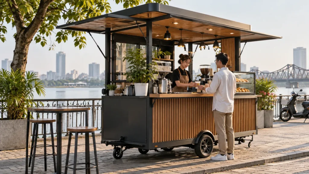 kiot nhỏ có bánh tại điểm bán
