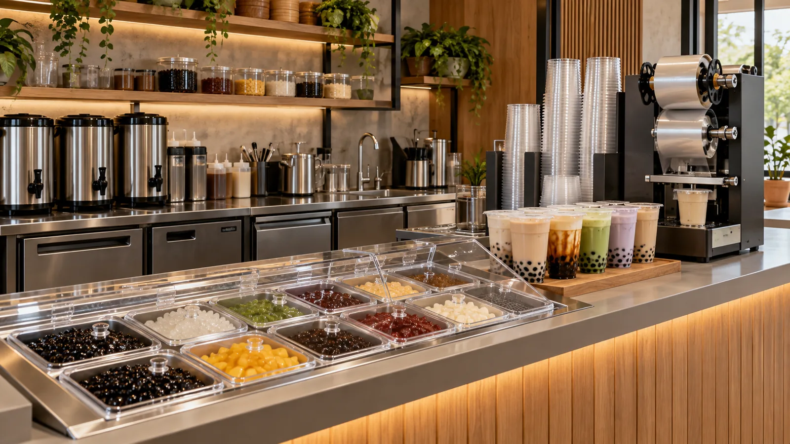 Khay topping, đá và máy dập nắp trên quầy