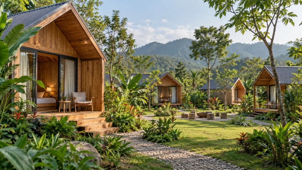 Phối cảnh cụm căn gỗ quanh sân sinh hoạt