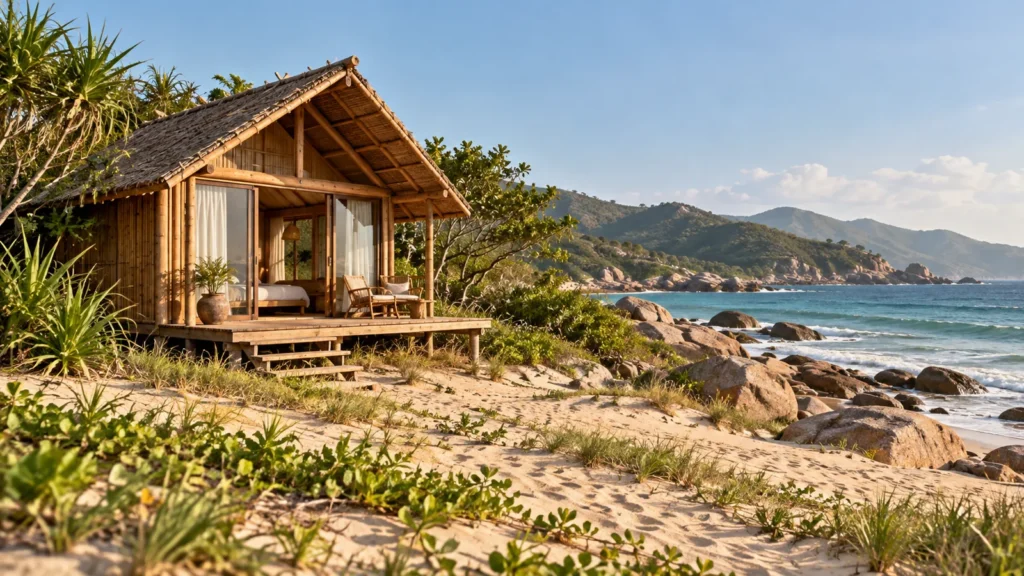 Phối cảnh căn camping gỗ trong cảnh quan ven biển